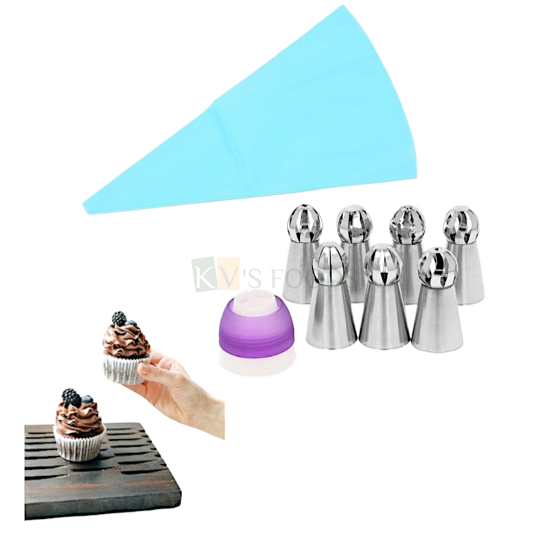 1 PC Stainless Steel Balloon 7 Nozzle Set Russian Flower Icing Piping Nozzles, Silicone Piping Bag, Coupler, Cupcake, Pastry Desserts, Cake Decorating Tool DIY Different Designs Cake Decorating Tips