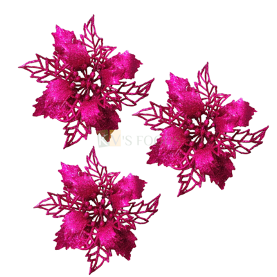 3 PCS Dark Pink Christmas Glitter Shiny Non-Edible Artificial Poinsettia Flowers Christmas Tree Ornaments Xmas Tree Hanging Pendant for Wreaths Garland Holiday Bouquets Decorations