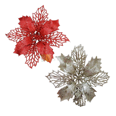 2 PCS Red or Silver Christmas Glitter Shiny Non-Edible Artificial Poinsettia Flowers Christmas Tree Ornaments Xmas Tree Hanging Pendant for Wreaths Garland Holiday Decorations