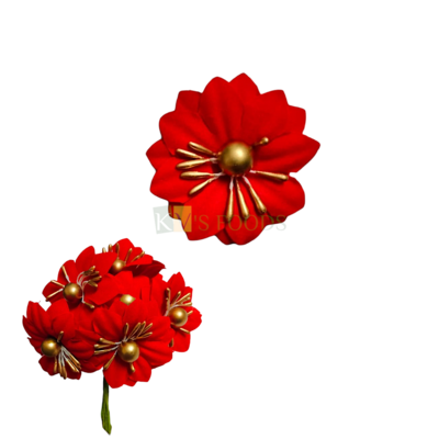 6 PCS Red Small Non-Edible Poppy Golden Pearl Gerbera Flowers Length 1.9 Inch for Birthday Wedding Anniversary Engagement Christmas Cake Cupcake Function Decorations DIY Crafts Hair Accessory Decor