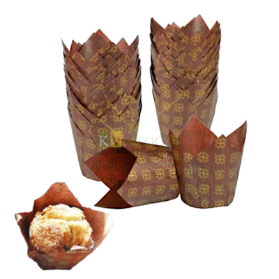 10 PCS Brown Paper Tulip Petal Cupcake Liners with Golden Flower Printed Design Oilproof Wrappers, Holders for Mini Cakes, Muffin Baking 2 Inch Bottom Diameter, for Wedding, Birthday Party Baby Shower