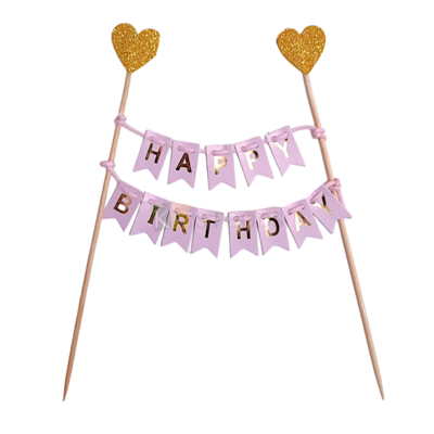 1PC Pink Paper Happy Birthday Bunting Banner Cake Topper with Shiny Glitter Golden Hearts Paper Foam, Cake Insert, Kids Girls Princess Birthday Party Theme, Cake Decoration Accessories, DIY Cake Decor