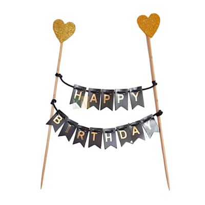1PC Black Paper Happy Birthday Bunting Banner Cake Topper with Shiny Glitter Golden Hearts Paper Foam, Cake Insert, Kids Girls Boys Birthday Party Theme, Cake Decoration Accessories, DIY Cake Decor