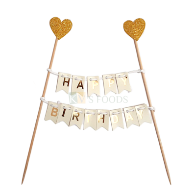 1PC Cream Colour Happy Birthday Bunting Banner Cake Topper with Shiny Glitter Golden Hearts Paper Foam, Cake Insert, Kids Girls Boys Birthday Party Theme, Cake Decoration Accessories, DIY Cake Decor