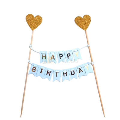 1PC Blue Paper Happy Birthday Bunting Banner Cake Topper with Shiny Glitter Golden Hearts Paper Foam, Cake Insert, Kids Boys Birthday Party Theme, Cake Decoration Accessories, DIY Cake Decor