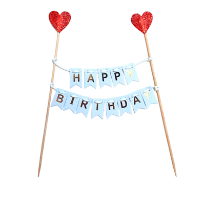 1PC Blue Paper Happy Birthday Bunting Banner Cake Topper with Shiny Glitter Red Hearts Paper Foam, Cake Insert, Kids Boys Birthday Party Theme, Cake Decoration Accessories, DIY Cake Decor