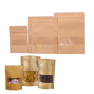 10 PCS Brown Kraft Paper Self Sealing Bag with Window Zip Lock in Different Sizes Small 5 x 7, Medium 6 x 8, Big 8 x 12 Inch with Capacity ~50 Gm, 100 Gm, 500 Gm Stand Up Pouch Zipper Grip Packaging