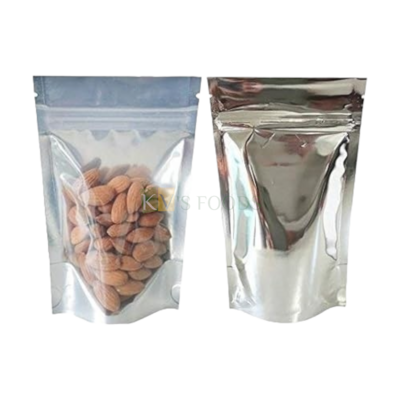 10 PCS Silver Shiny Stand up Zipper Pouch with One Side Clear in Different Sizes Small 4.4 x 6.7, Medium 5 x 9 Inches with (Capacity ~100 Gm, 200 Gm) Pouch Grip for Chocolate Dry Fruits Packaging