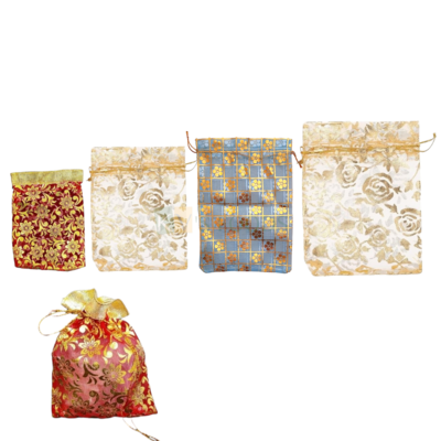 10 PCS Shiny Fancy Golden Multicoloured Organza Rope Handle Synthetic Potli Gift Bags in Different Sizes Designs Jewelry Pouches Sheer Drawstring Candies Bag, Mesh Bag Multi Purpose for Valentines Day