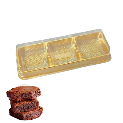 5 PCS Golden Transparent 3 Brownie Box with Lid Size 7.7 x 2.9 Inch, Height 1.4 Inch for Cookies, Chocolates Doughnuts, Finger Food Bakery Pacakging DIY Mini Gift box, Festivals Sweets Laddo Packing