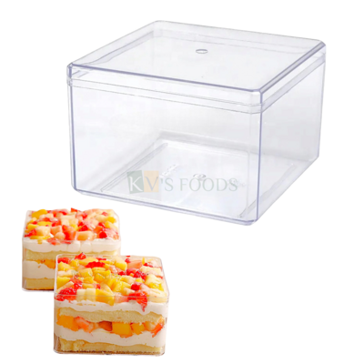 1 PC Acrylic Square Cake Tub Container Clear Storage Boxes With Lids (Size 95 x 95 mm Height 56 mm) Capacity ~ 330 ML Minto Box For Candy Ice-Cream Cakes Chocolates, Mousse Dessert like Pudding
