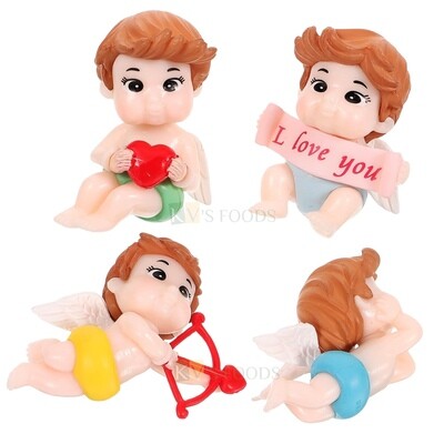 4PC ~2Inch Height Mini Angle Baby Cute Cupid With Love Arrow, Wings & I love you Miniature Cake Topper Figurines Statue Happy Birthday Doll Monsoon Rain Theme Baby Shower Cake Topper