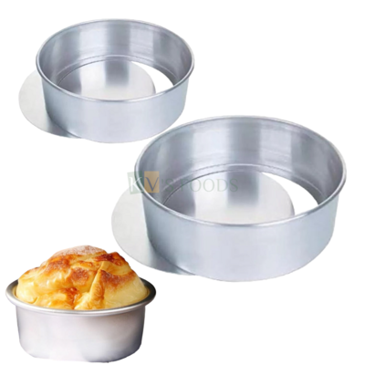 1PC Size 6, 8 Inch Capacity ~ 500, 900 Grams Aluminium Hollow Baking Pan with Loose Bottom Silver Circle Round Small Bread Mould Bakeware Mousse Pudding Cheese Cake Containers Mold Tins Tray for Ovens
