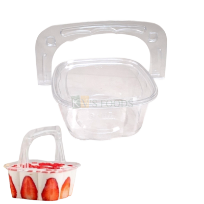 1PC Size 3.9 x 3.9 Inches, Height 2.3 Inches Capacity ~ 400 ML Transparent Plastic Square Box with Handle Lid Food Container Salad Surprise Chocoloate Strawberry Mousse Pudding Candy Box Bakery Basket