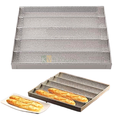 1PC Size 16 x 15 Inch, Height 1.3 Inch 5 Rows Rectangle Aluminium Baguette Tray Bread Loaf Cookie Tray Mould, Sandwich Roll Pan, Long French Bread Tray Kitchen Accessories Tools