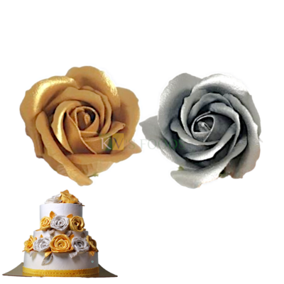 1 PC Golden Silver Large Non-Edible Rose Flower Head Length 2 Inch for Birthday Wedding Anniversary Engagement Christmas Cake Cupcake Function Decorations DIY Crafts Wall Home Hair Accessory Decor