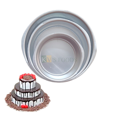 Set of 3 Aluminium Cake Baking Pan, Size Diameter Small 5.5, Medium 7.5, Big 8.5 Inch, Height 2 Inch Capacity ~ 250 Gm, 500 Gm, 1Kg, Silver Circle Mould Bakeware Loaf Cake Containers Tin Tray for Oven