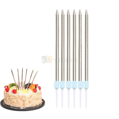 6PCS Metallic Silver Colour Shiny Slim Long Thin Wax Candles Set with Holders Cake Topper, Kids Girls Boys Happy Birthday Candles, Pillar Candle Insert Wedding, Bridal Shower DIY Cupcake Decorations