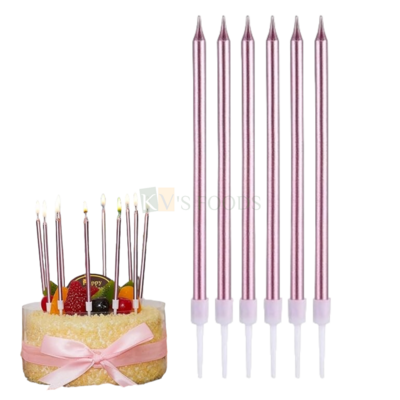 6PCS Metallic Pink Colour Shiny Slim Long Thin Wax Candles Set with Holders Cake Topper, Kids Girls Boys Happy Birthday Candles, Pillar Candle Insert Wedding, Bridal Shower DIY Cupcake Decorations
