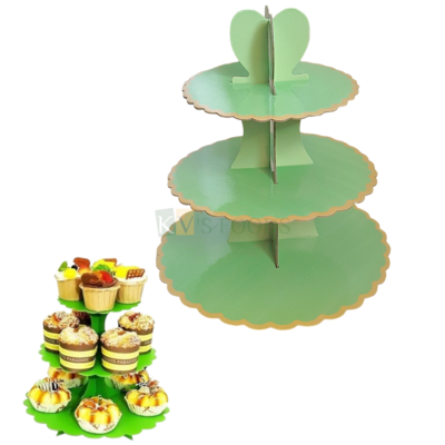 1PC Cardboard Green Colour with Golden Border Disposable 3 Tier Cupcake Stand Tower, Dessert Cupcake Serving Stand Holder for Parties, Display Rack for Muffins, Pastries, Doughnuts Brownies Tableware