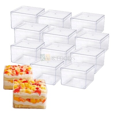 12 PCS Acrylic Square Cake Tub Container Clear Storage Boxes With Lids (Size 95 x 95 mm Height 56 mm) Capacity ~ 330 ML Minto Box For Candy Ice-Cream Cakes Chocolates, Mousse Dessert like Pudding