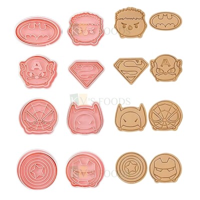 8 PCS Pink Different Cartoons Superheroes Batman Avenger Animal Spiderman Logo Fondant Cutters Plungers Cake Mould Chocolate Pancake, Biscuits Cookies Cutters Stampers, Kids Boys Birthday Theme