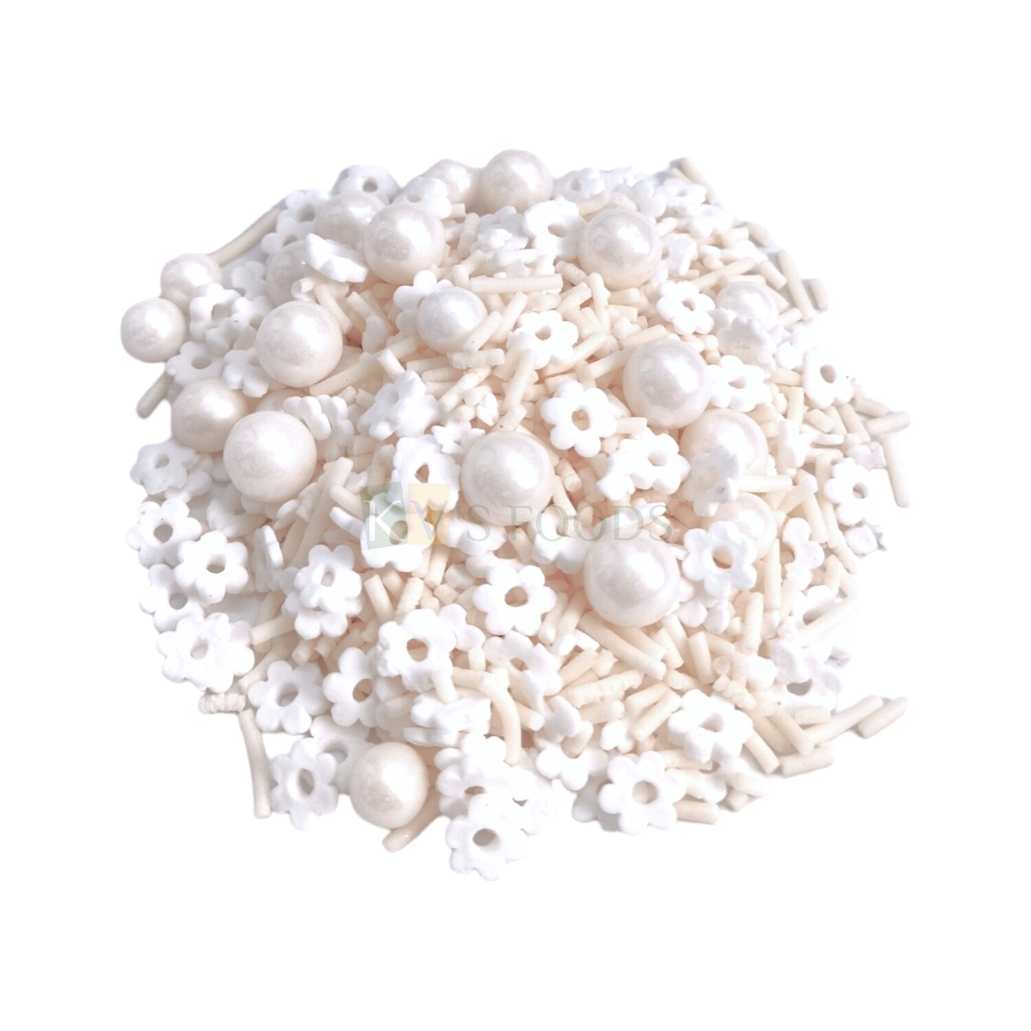 White Colour Small Flower Pearl Moti Mix Chocolate Flavoured  Vermicelli Edible Sev Sprinkles Confetti, Decorative Topping for Birthday Doughnuts, Cakepops Cakesicles Desserts DIY Cake Decorations