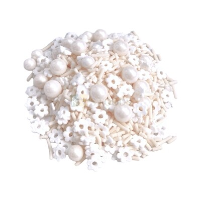 White Colour Small Flower Pearl Moti Mix Chocolate Flavoured  Vermicelli Edible Sev Sprinkles Confetti, Decorative Topping for Birthday Doughnuts, Cakepops Cakesicles Desserts DIY Cake Decorations