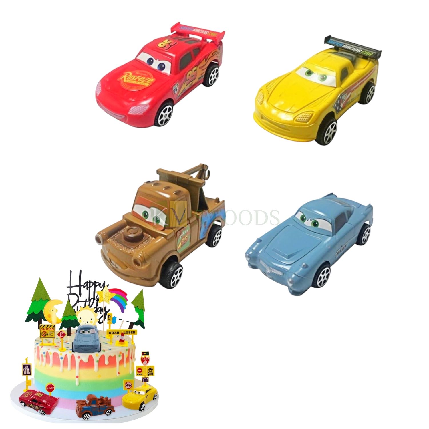 4 PCS Toy McQueen Cars Characters Set Cake Topper, Light Blue Red Yellow Brown Ambassador Die Cast Sports Racing Vehicles, Boys Birthday Car Theme, Push GO Eyes Car Toy Miniature Figurine Play Cars