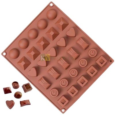 1 PC Brown Colour 30 Holes/Cavity Silicone Rectangle Chocolate Moulds Size 27.5 x 23 cm, Round, Hollow Square, Heart Pyramid, Designer Bar, Cylindrical Shape Fondant Mould Tools Pralines Ice Cube Tray