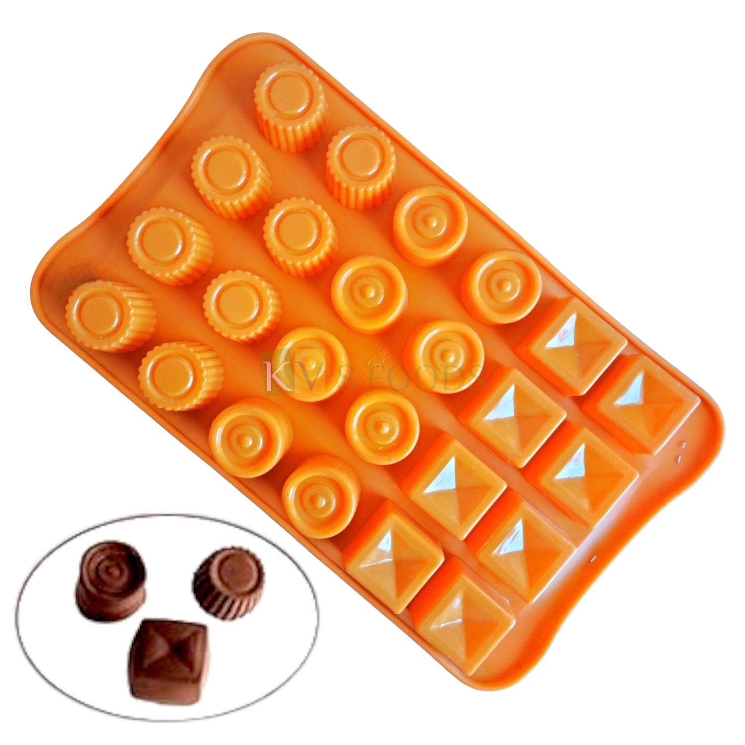 1 PC Orange Colour 24 Holes/Cavity Silicone Rectangle Chocolate Mould Size 9.2 x 5.5 Inch, Round, Hollow Square, Cylindrical Shape Fondant Mould Tools, Peanut Butter Reese Cups, Pralines Ice Cube Tray