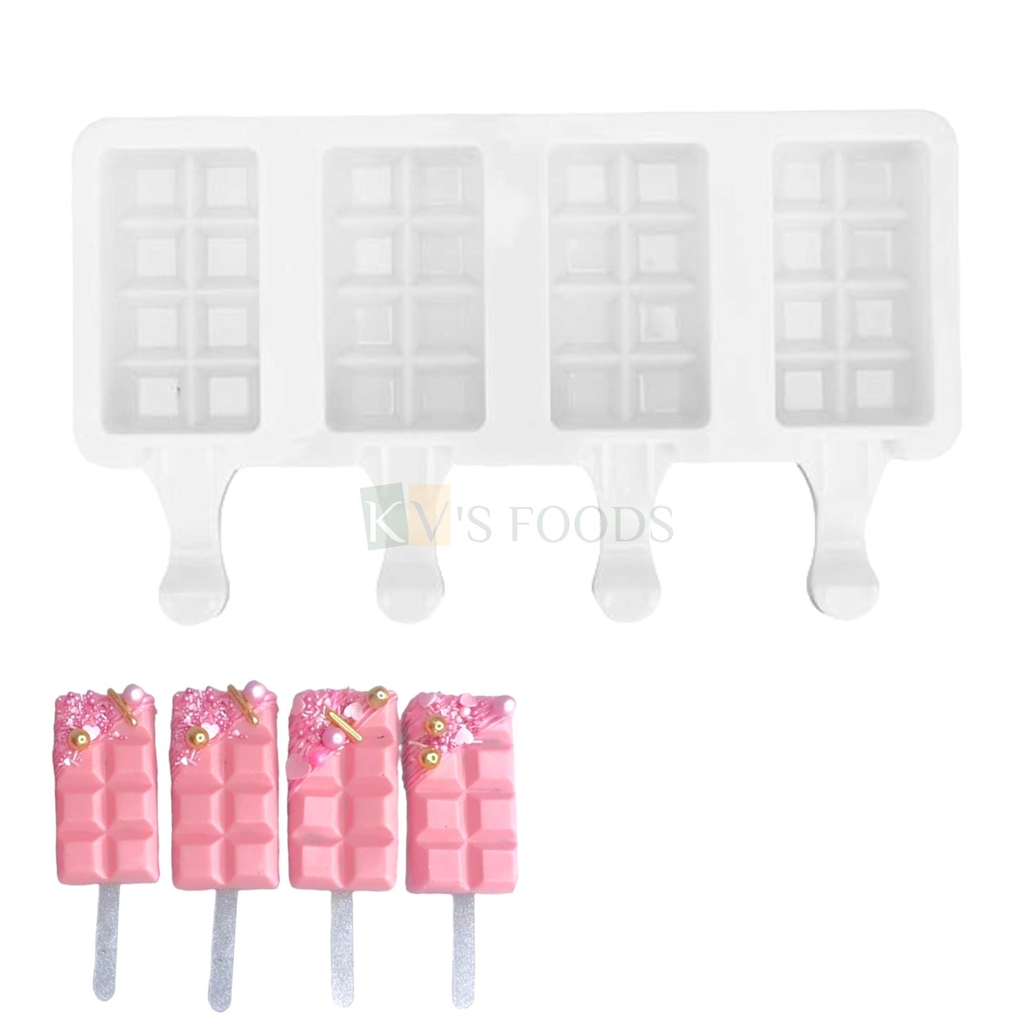 4 Cavity Chocolate Bar Shape Cakesicle, Popsicle, Ice Pop Silicon Mould, Chocolate, Ice Cream, Candies, Kulfi, Cakes, Dessert Mold, Ice Bar, Ice Cubes for Homes, Kitchen DIY Cake Decorations