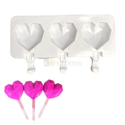 3 Cavity Geometrical Heart Shape Cakesicle, Popsicle, Ice Pop Silicon Mould, Chocolate, Ice Cream, Candies, Kulfi, Cakes, Dessert Mold, Ice Bar, Ice Cubes for Homes, Kitchen DIY Cake Decorations