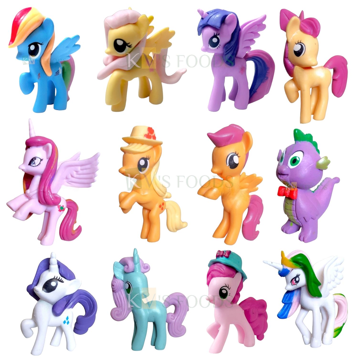 12PCS Length 1.7 to 2.5 Inch, Twilight Sparkle, Rainbow Dash, Princess Cadance, Scootaloo, Apple Bloom, Spike, Big Different My Little Pony Frienship is Magic Miniature Cartoon Characters Cake Toppers