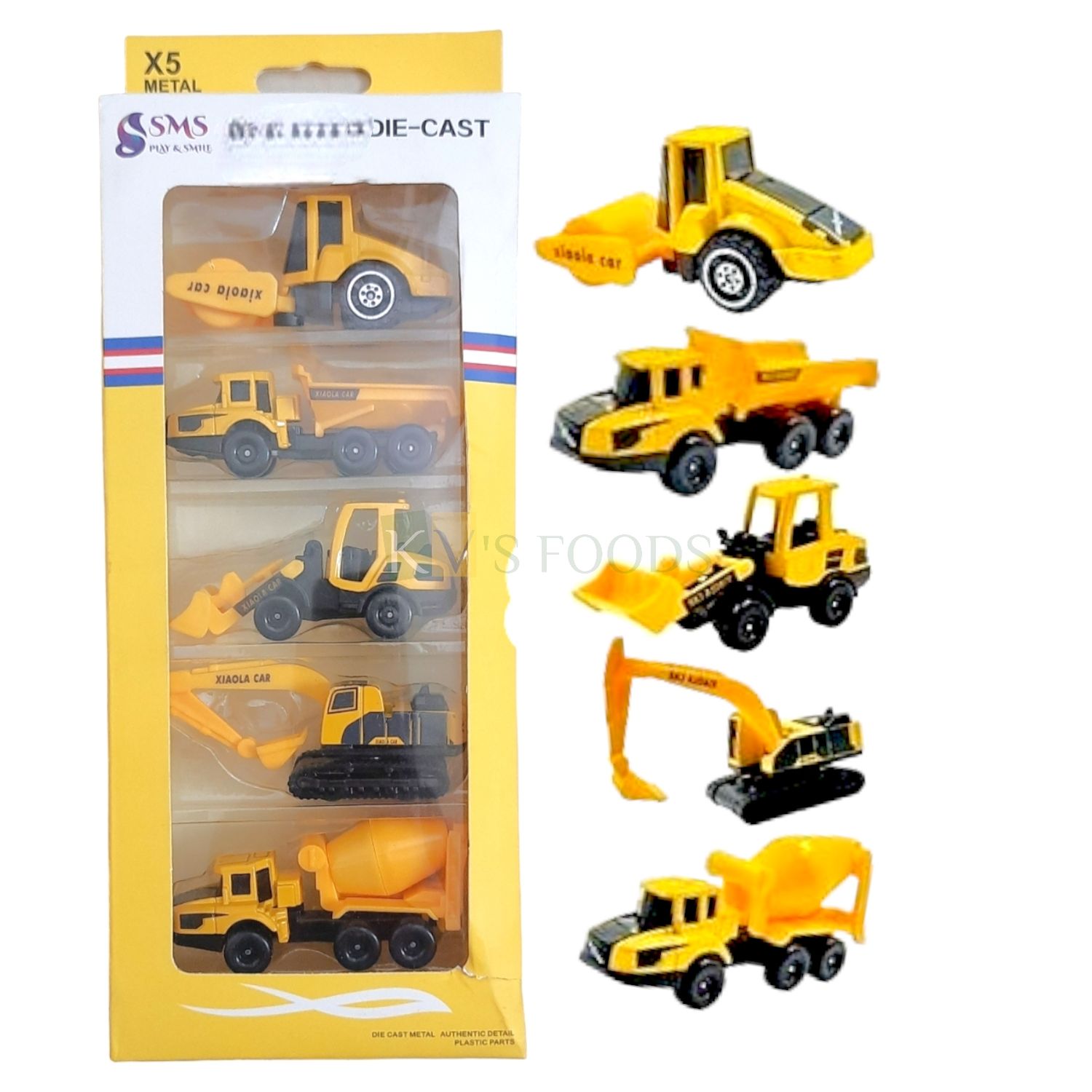 5 PCS Yellow JCB Excavater Bulldozer Dump Truck Road Roller Construction Vehicles Theme Cake Topper, Die Cast Construction car Set with Movable Parts for Boys Friends Birthday DIY Cake Decorations