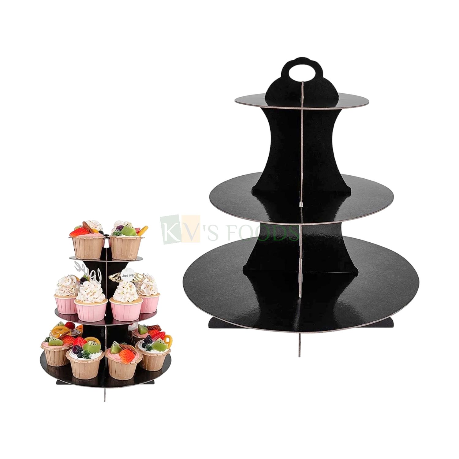 1PC Capacity ~ 20 to 22 Small Cupcakes, Disposable 3 Tier Cupcake Stand Tower, Cardboard Black Colour Dessert Serving Stand Holder for Parties, Display Rack for Muffins, Pastries, Doughnuts Tableware