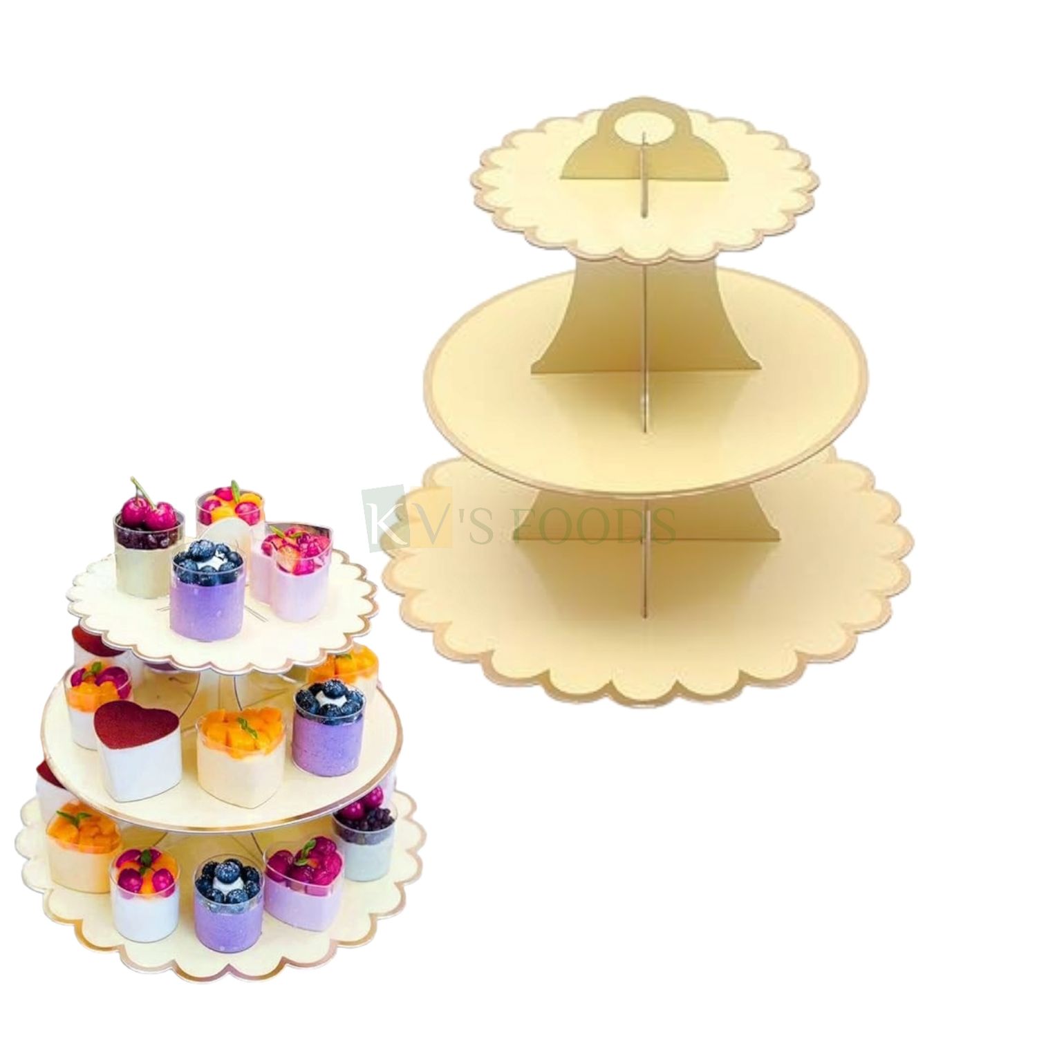 1PC Capacity ~ 20 to 22 Small Cupcakes, Disposable 3 Tier Cupcake Stand Tower, Cardboard Light Yellow Golden Border Dessert Serving Stand Holder for Parties, Display Rack Muffins, Pastries, Doughnuts