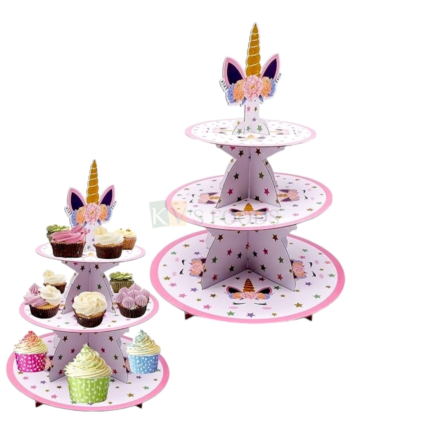 1PC Capacity ~ 20 to 22 Small Cupcakes, Unicorn Theme Disposable 3 Tier Cupcake Stand Tower, Pink Cardboard Dessert Serving Stand Holder for Parties, Display Rack Muffins, Pastries, Cookies, Doughnuts