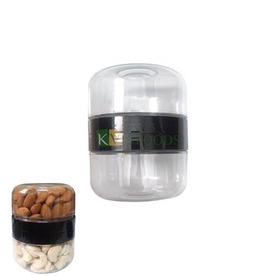 1 PC Size 3.2 x 4.1 Inches Capacity ~130 grams in One Side Each, Two Way Capsule Shape Chocolate, Dryfruits Plastic Container, Black Transparent Candies Packaging Jar, Multipurpose Box