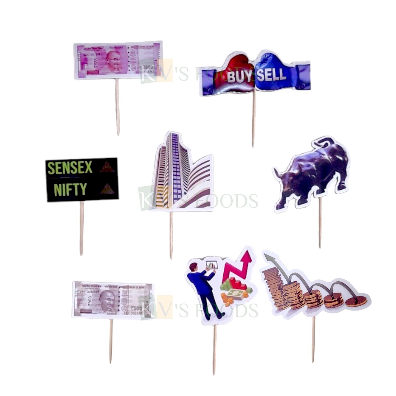 8 PCS Stock Market Theme Paper Cake Topper, Cupcake Insert, Buy Sell Rupees, Dollars, Bull, Sensex, Nifty, Upstock, Downstock Banners, Cards, Toothpicks Toppers, Investment Birthday Cake Toppers