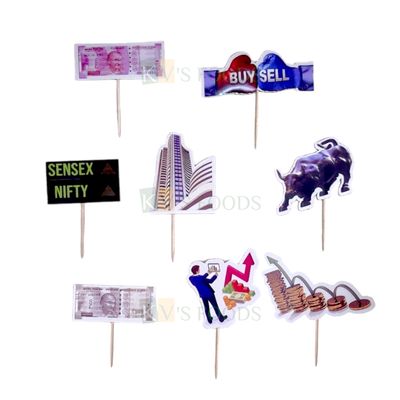 8 PCS Stock Market Theme Paper Cake Topper, Cupcake Insert, Buy Sell Rupees, Dollars, Bull, Sensex, Nifty, Upstock, Downstock Banners, Cards, Toothpicks Toppers, Investment Birthday Cake Toppers