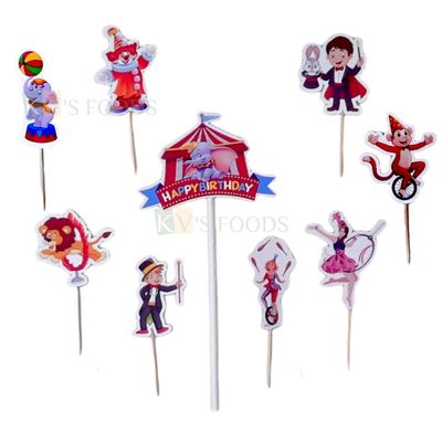 9 PCS Circus Theme Paper Cake Toppers Cupcake Inserts, Joker, Monkey, Elephant Animals, Carnival, Toppers with Tent, Clown Magician Show, Arial Acts, Toothpick, Tags Cards Banner, Stick Toppers