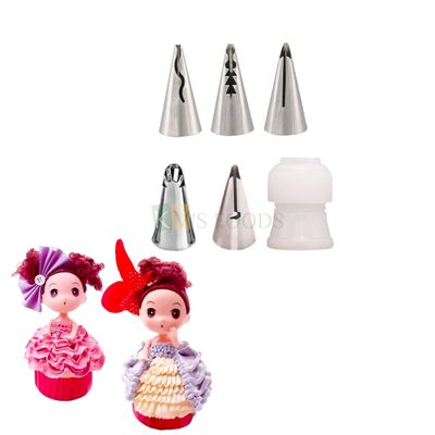 6 PCS Stainless Steel Nozzles and Coupler Set, Small Size, Doll Skirt Dress Pastry Cupcake Nozzles, Frill Icing Piping Tip for Frosting Whipping, Butter Cream DIY Birthday Wedding Cake Decorations