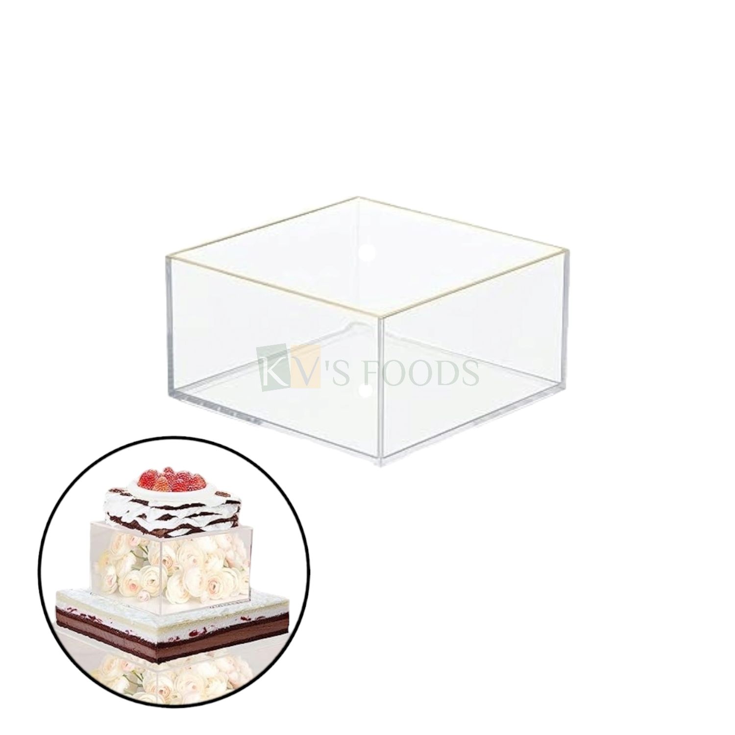 1 PC Size 6 x 6 x 4.2 Inch Clear Acrylic Fillable Transparent Square Cake Spacer with Removable Lid and Centre Dowell Hole, Cake Seperator, Cake Riser, Tier Cake Display Floating Pedestal Stands