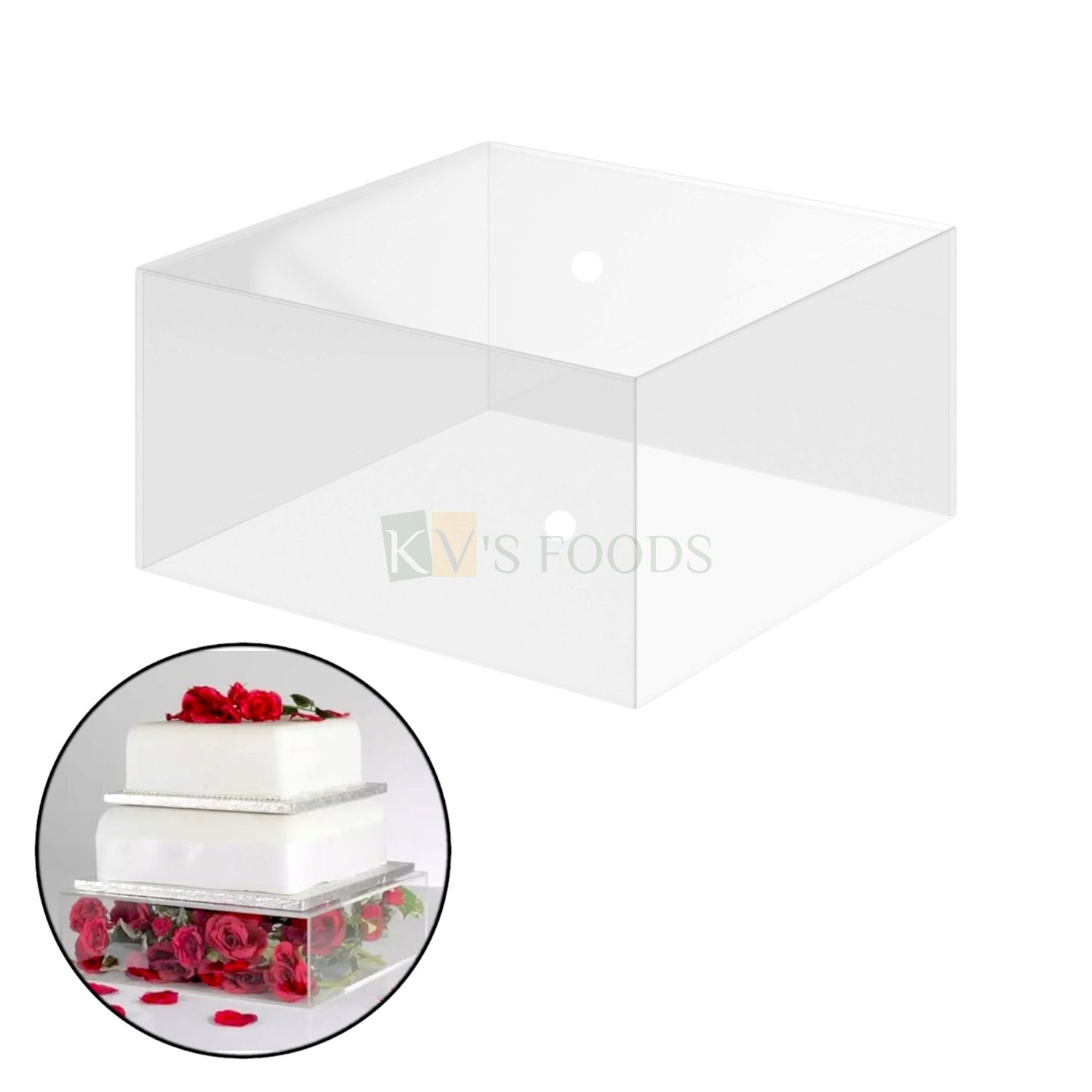 1 PC Size 8 x 8 x 4.2 Inch Clear Acrylic Fillable Transparent Square Cake Spacer with Removable Lid and Centre Dowel Hole, Cake Seperator, Cake Riser, Tier Cake Display Floating Pedestal Stands