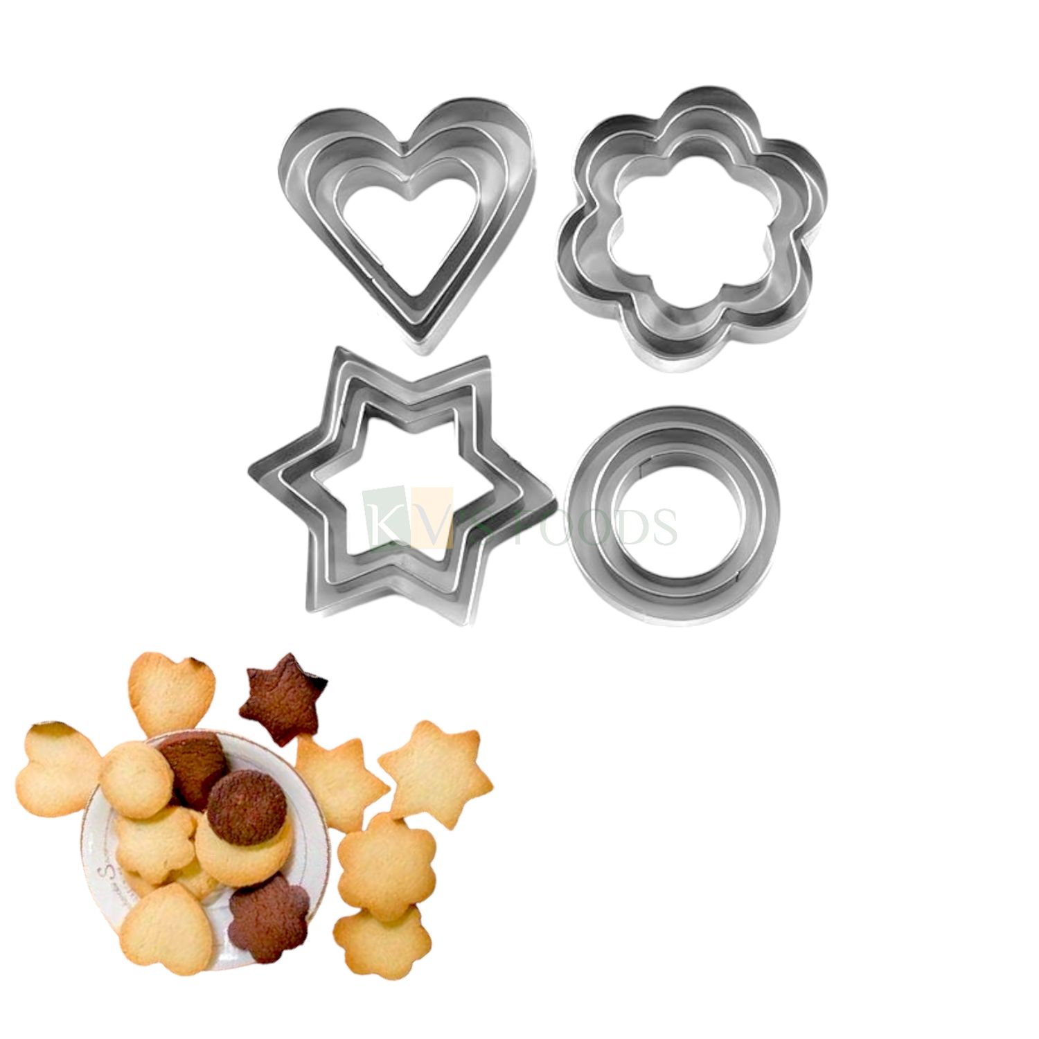 12 PCS Silver Stainless Steel Different Sizes Heart Circle Star Flower Shape Cookies Cutters Set, Pancake Fondant Cakes Biscuits Sandwich Chocolate Metal Mould, Love Valentine Day DIY Cake Decorations