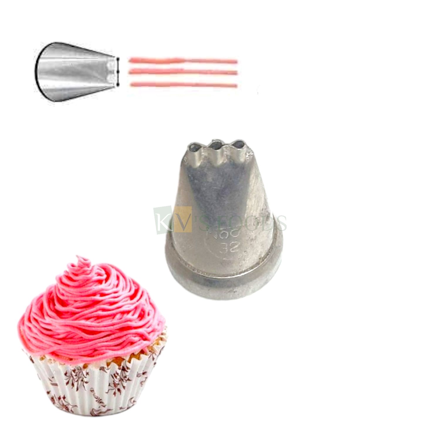 1 PC Stainless Steel 3 Lines Icing Piping Cake Nozzle Noor No. 32, Birthday Wedding Cake Decoration Tip for Frosting Whipping, Butter Cream, Cupcake Desserts, DIY Wedding Side Cake Decorating Tools