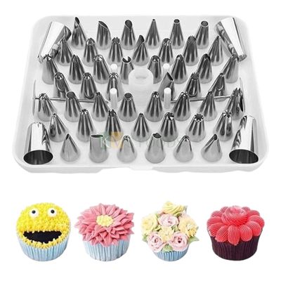 52 PCS Icing Star, French Open Close, Frill Nozzles Tips Set with Flower Nail &amp; Coupler, Frosting, Whipping Butter Cream, Piping Tips for Dessert Biscuit Cupcake, Pastry DIY Cake Decorations Tools