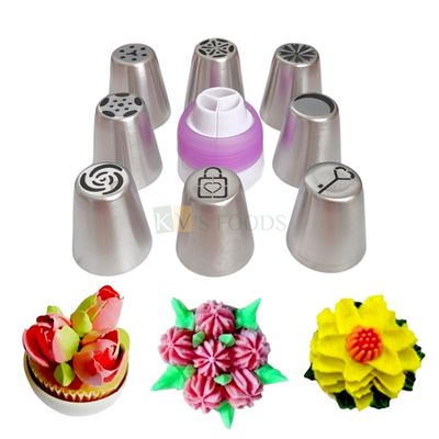 9 PCS Stainless Steel Icing Russian Flower Nozzle and 3 in 1 Coupler Set, Piping Tip for Frosting Whipping, Butter Cream Pastry, Cupcake, Desserts Cookies, Muffin DIY Birthday Wedding Cake Decorations