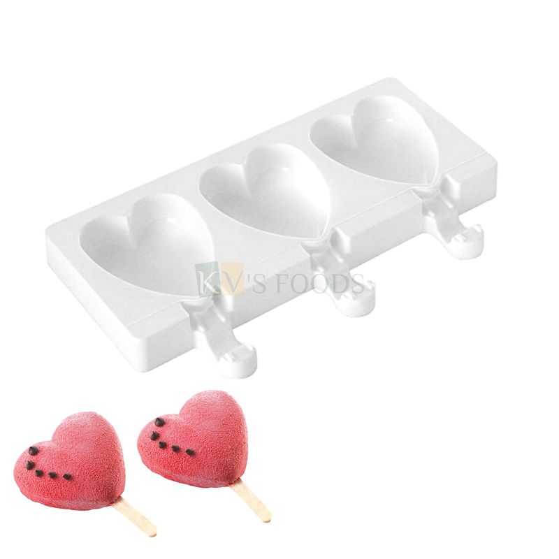 3 Cavity White Colour Heart Shape Cakesicle, Popsicle, Ice Pop Silicon Mould, Chocolate, Ice Cream, Candies, Kulfi, Cakes, Dessert Mold, Ice Bar, Ice Cubes for Homes, Kitchen DIY Cake Decorations